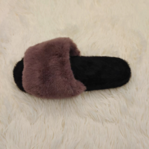 Fashionable luxury comfortable and fancy ladies indoor slippers fake fur upper stitching & turndown outsole style.