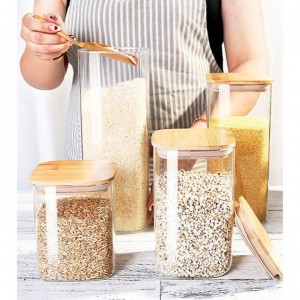 Square  Food Storage Container Jar with Sealing Bamboo Lid for Pasta Flour Cereal Rice Sugar Tea Coffee Beans