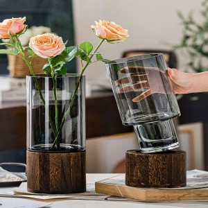 Desk Decoration Glass Vase with Wooden Base Contracted Style Rose Glass Vase