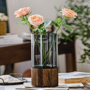 Desk Decoration Glass Vase with Wooden Base Contracted Style Rose Glass Vase