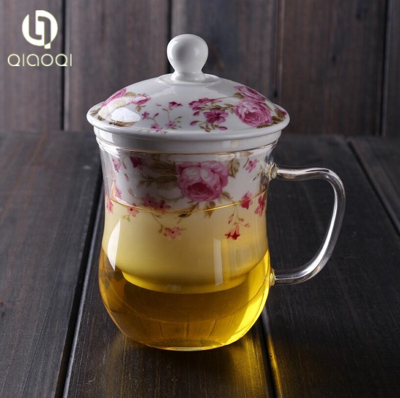 glass 350ml tea cup glass with handle and ceramic lid
