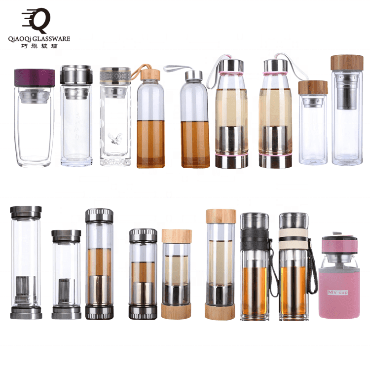 material high borosilicate clear double wall drinking water glass bottle with wooden lid