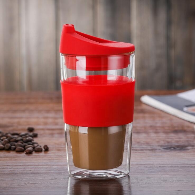 Custom Transparent Sleeve Travel Reusable Keep Glass Coffee Cup with Silicone Lid