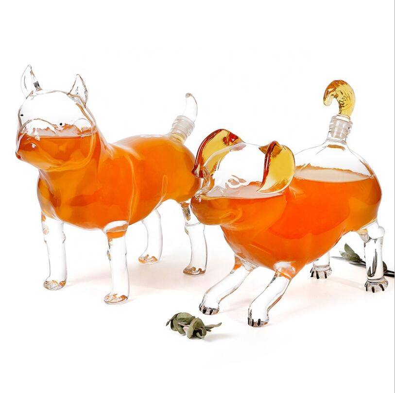 hot selling handblow high borosilicate animal dog shape glass wine bottle