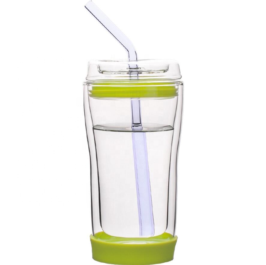 Wholesale Custom Logo 10oz Handmade Clear Double Layer Borosilicate Glass Cup with Glass Straw