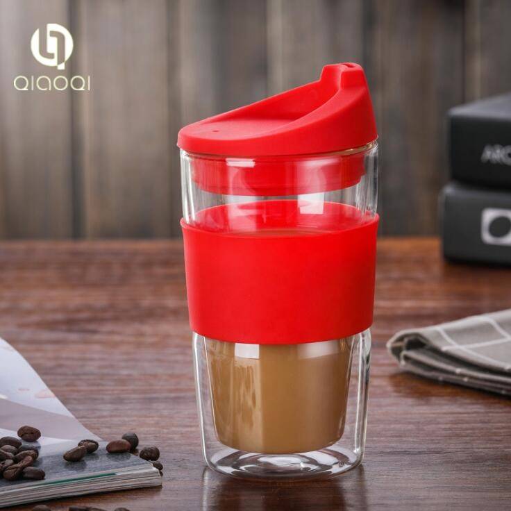 12oz 350ml borosilicate double wall layer clear reusable glass coffee tea cup mug with silicone lid and sleeve