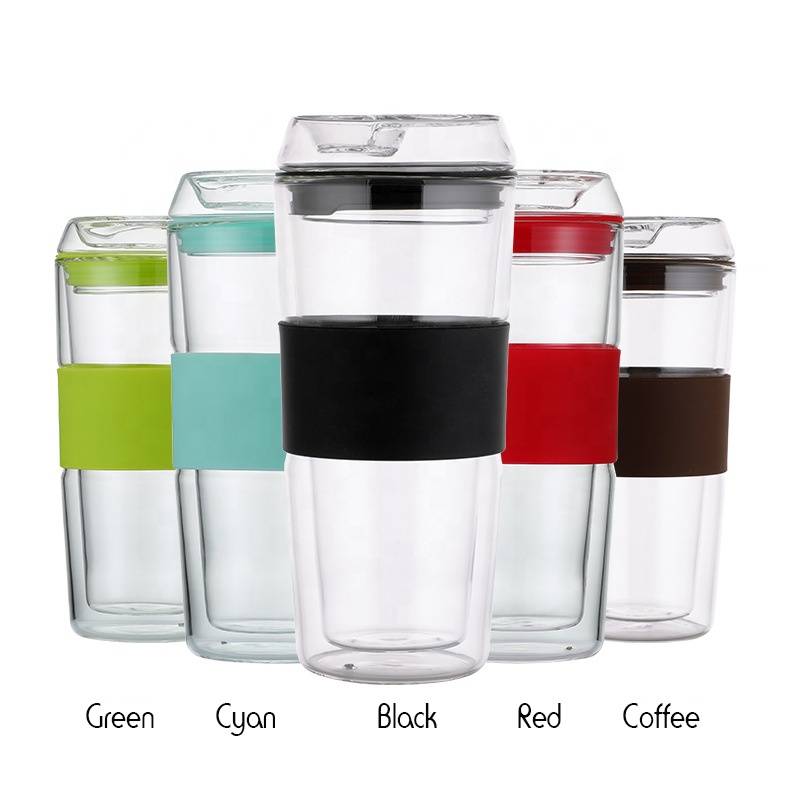 400ml Borosilicate Hot sale custom Reusable Glass Coffee Cup with Lid Double wall Glass coffee travel Mug