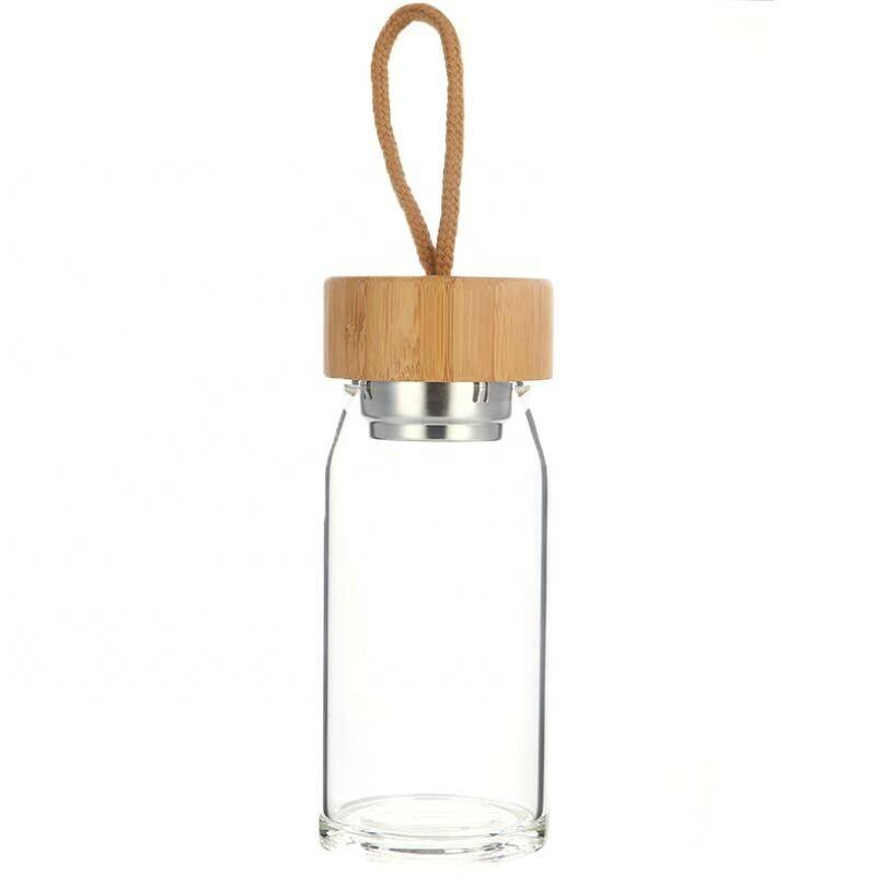 Custom Logo Mini Cute BPA-Free Glass Water Bottle with Bamboo Lid 300ml for Kids