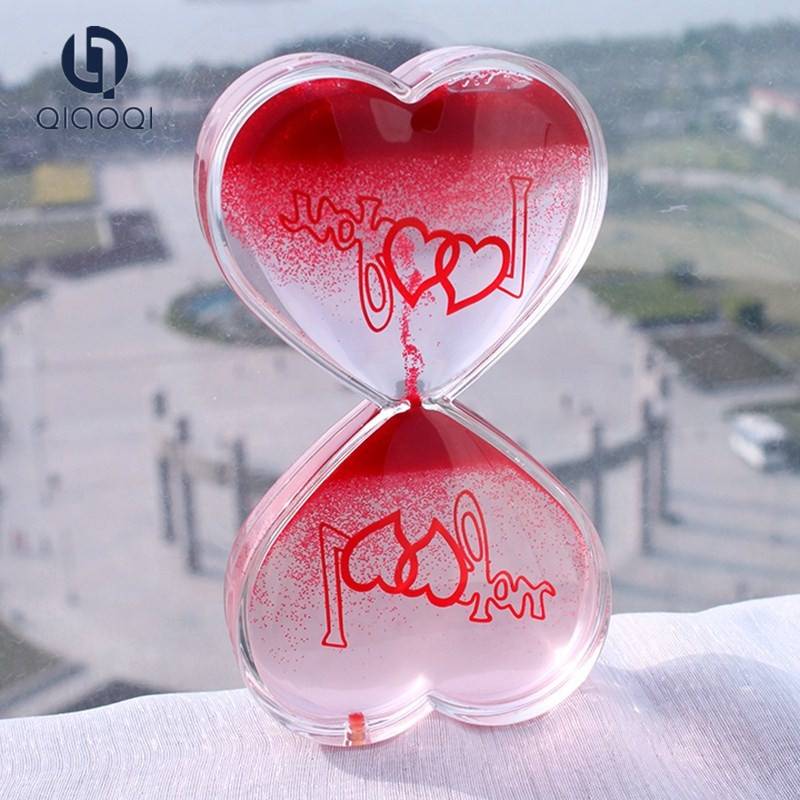 Custom Heart shape Acrylic floating colorful oil and water toys liquid hourglass sand timer