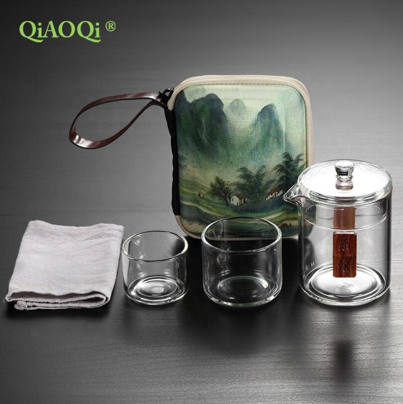 Wholesale portable glass travel tea set with travel bag