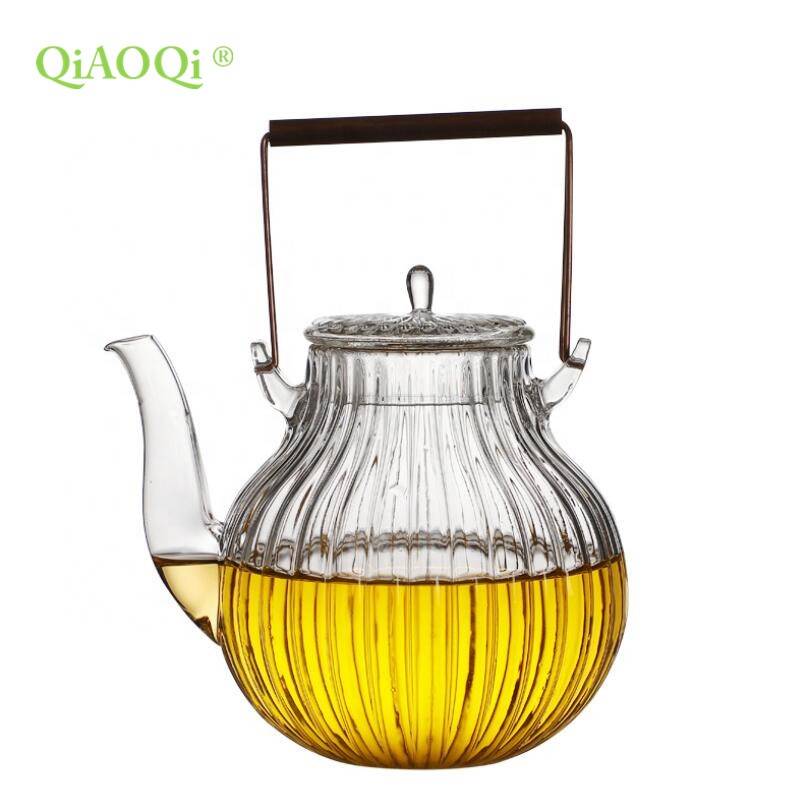 QIAOQI 470ml China cheap borosilicate flower clear glass tea pot with handle and lid