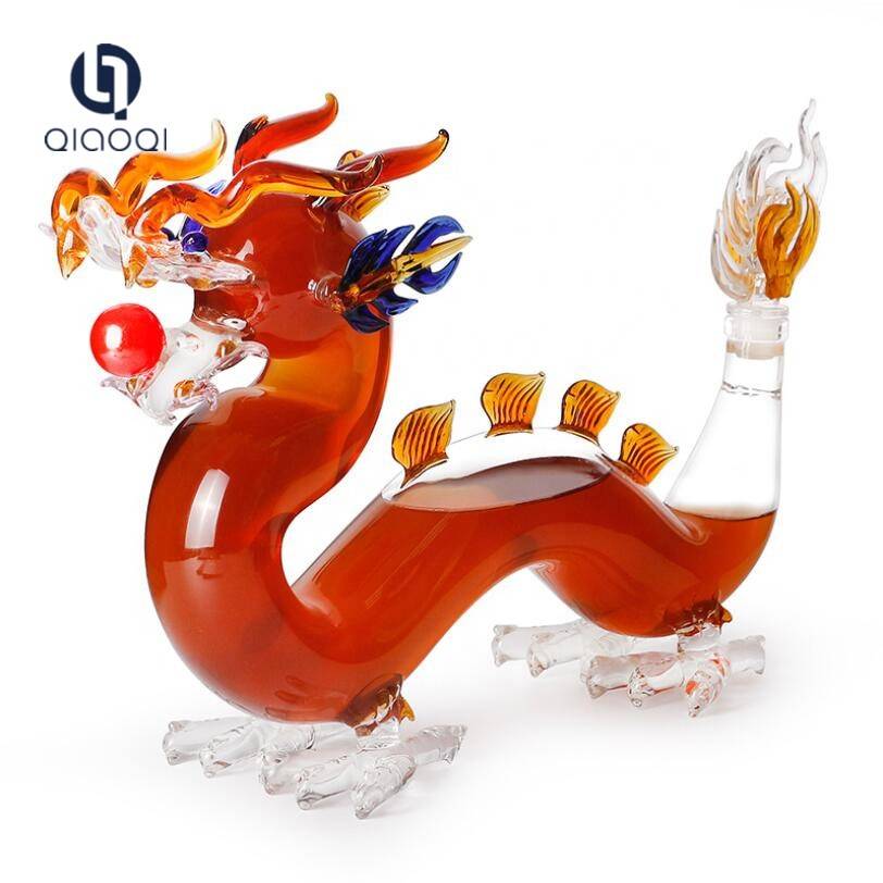 1000ml Chinese colored glass Dragon shape  empty glass wine bottle for wine