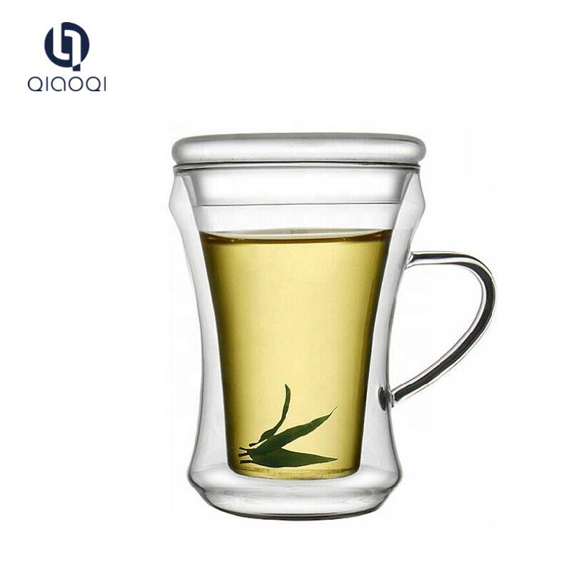 Wholesale cheap double wall glass reusable coffee drinking cup with lid for water tea wine