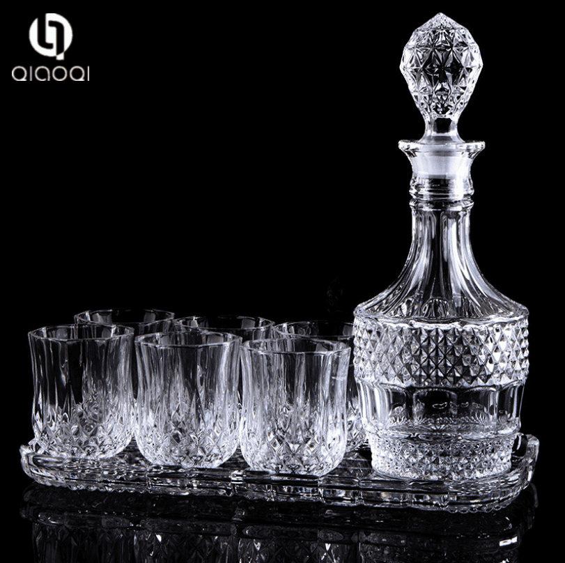 crystal Bar Set, for Whiskey, Wine, and Liquor. This Irish Cut whiskey decanter set