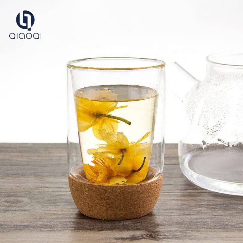 Discount Price Transparent Glass Tea Cups - 300ml double wall glass cup with cork base – Qiaoqi