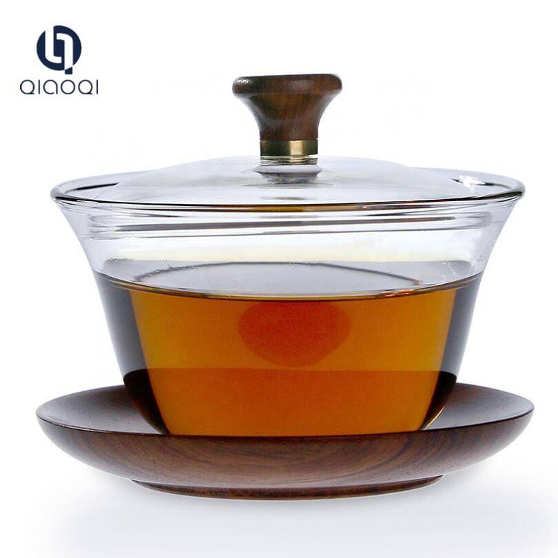 150ml Glass Tea Cup with Wood Saucer and Lid Set
