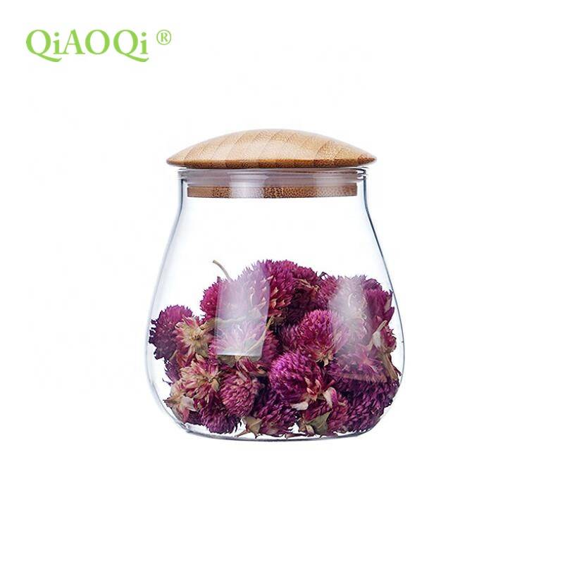 QiAOQi 300ml 900ml glass jar with mushroom shape wooden lid