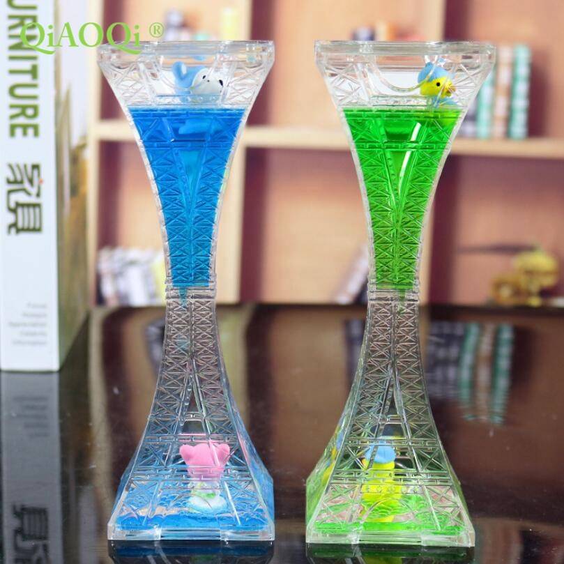 Promotion Cheap Table Decoration Clear Tower Shape Acrylic Aqua Oil Liquid Timer Hourglass