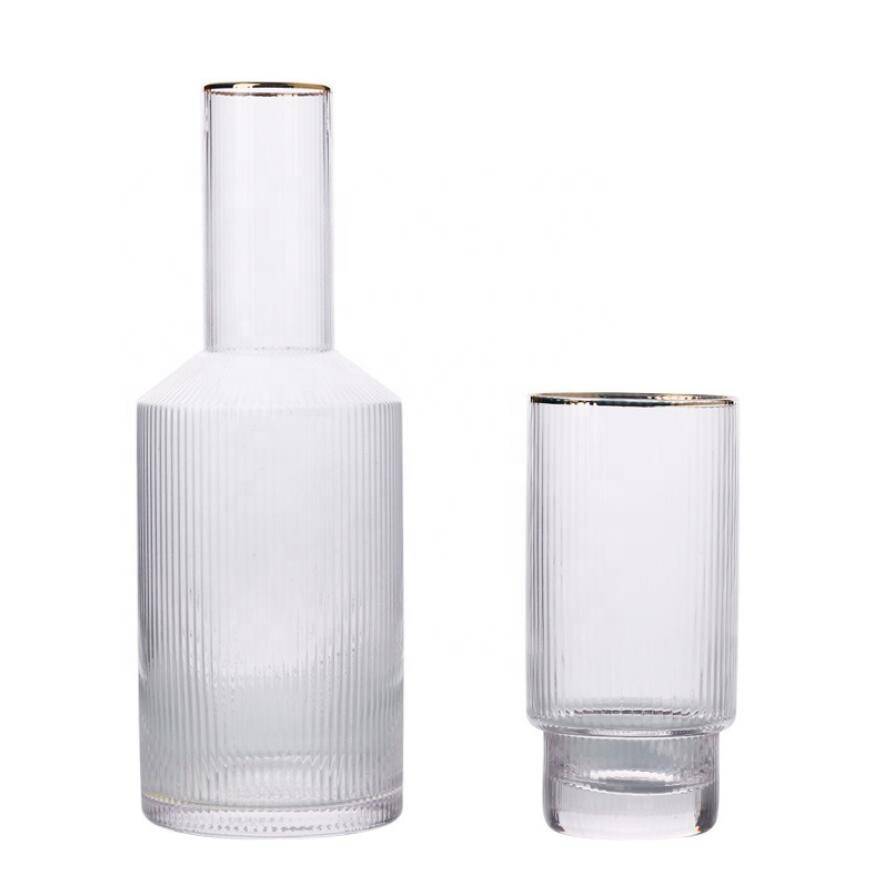 Nordic transparent Household large capacity Vertical stripe painted cold glass carafe set with gold rim