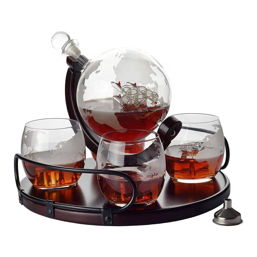 Cheap PriceList for Cut Glass Wine Decanter - Amazon Hot Sales High Borosilicatel Whiskey Etched Globe Glass Decanter Wine Bottle Set With Wooden Base – Qiaoqi