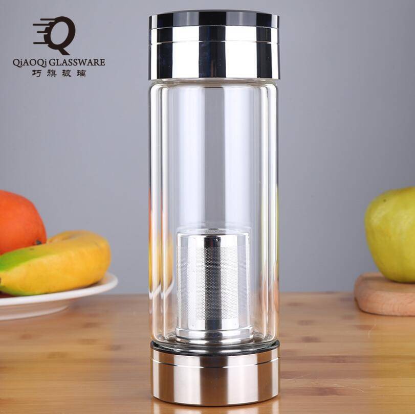 Mouthblown fashionable double wall glass water bottle with 304 Stainless Steel Lid