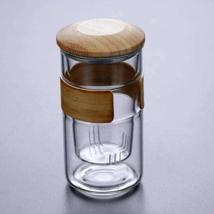 New water drinking glass double walled glass coffee tea cup with filter with bamboo lid and bamboo sleeve