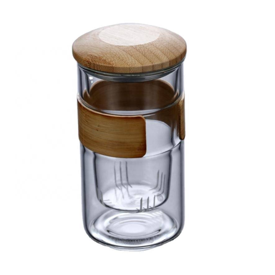 New style clear glass flower tea cup with bamboo lid and bamboo sleeve