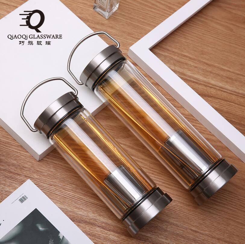 wholesale borosilicate double wall glass water bottle stainless steels with lid