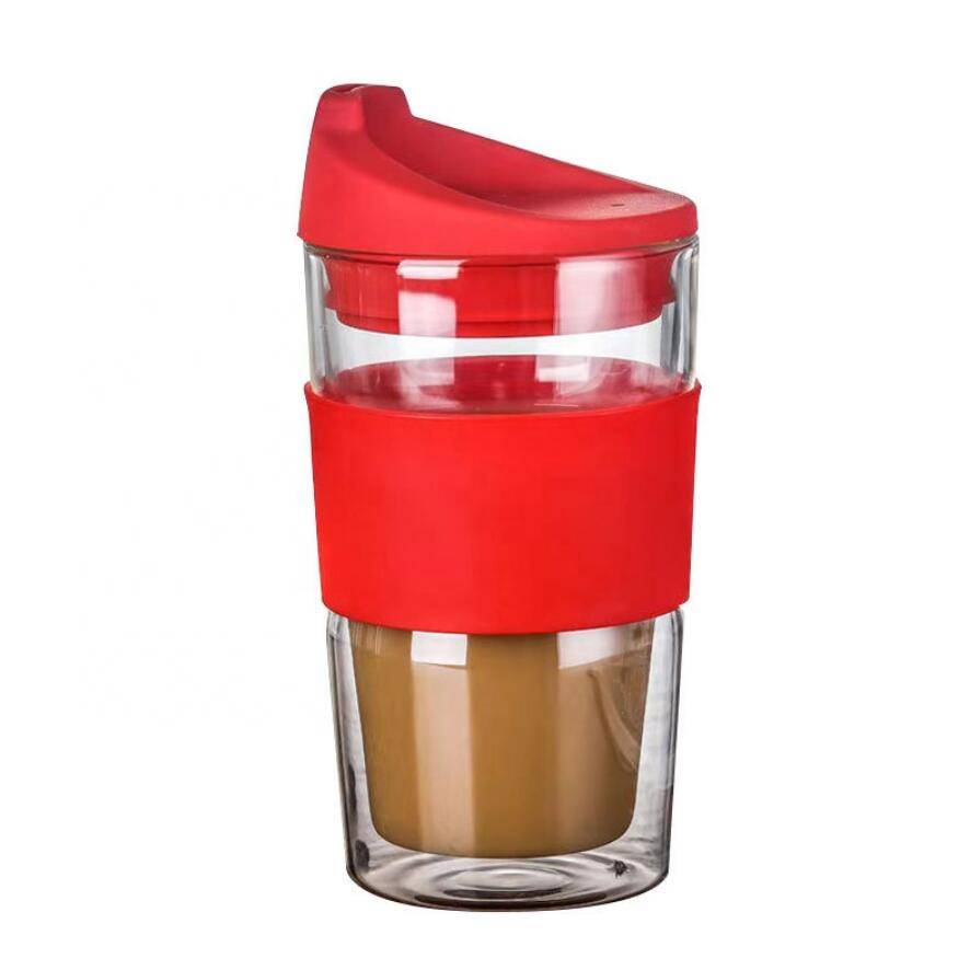 Custom Small Handblown Heat Resistant Double Wall Glass Coffee Cup With Silicone Lid