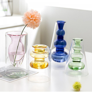 Multi-style set fashion and fresh colorful double wall glass vase, Manufacturer wholesale straight glass vase