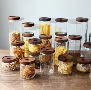 kitchen storage 500ml 750ml high borosilicate airtight glass jar with acacia wood lid