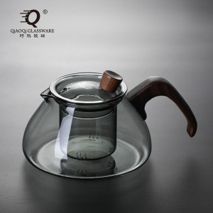 Wholesale high borosilicate glass tea kettle office flower tea kettle with wooden handle