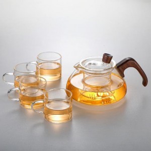 Wholesale high borosilicate glass tea kettle office flower tea kettle with wooden handle