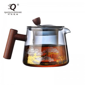 High temperature and high borosilicate glass teapot Teapot with grey wood handle for household use