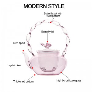 Light luxury pink high borosilicate glass teapot Butterfly lid flower teapot