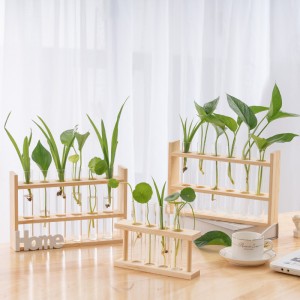 Wholesale glass hydroponic wooden frame vase modern simple green flower decoration