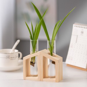 Simple trapezoidal hydroponic wooden frame vase water plant flower glass vase