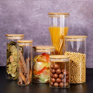 round high borosilicate spice kitchen glass food storage jar with bamboo lid