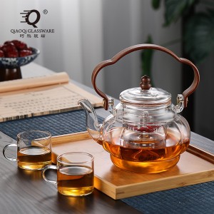 Large capacity thickened high temperature resistant glass teapot household wooden handle beam teapot