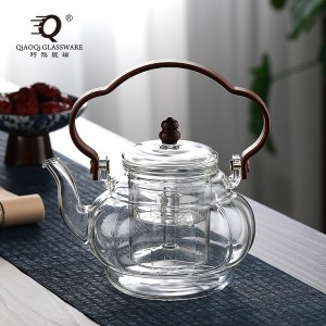 Large capacity thickened high temperature resistant glass teapot household wooden handle beam teapot