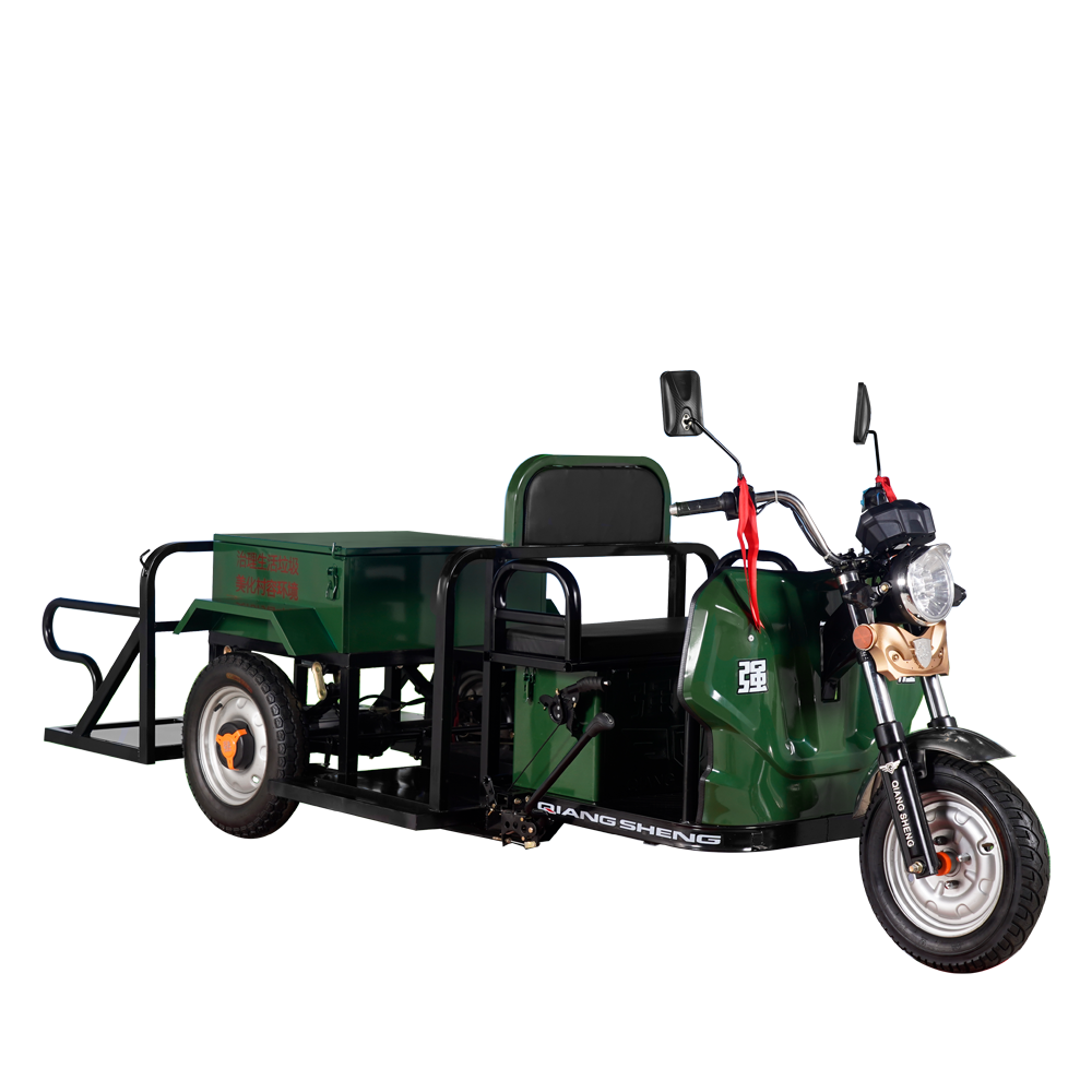 New arrival dark green electric garbage transporting street cleaning truck tricycle with four trash can bin factory price
