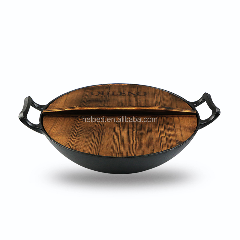 Wholesale Discount Sausage Production Sausage Maker - Cast Iron Heavy Duty Camping Wok with wooden lid – Quleno