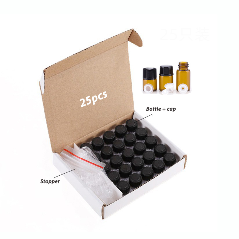 RB-T-0049 25pcs package set 1ml 2ml 3ml mini glass vial amber glass essential oil perfume sample bottles with box