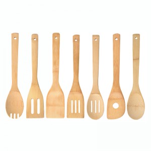 RB-B-00288D 30cm long handle kitchen tool bamboo slotted spoon scraper wooden cooking spatula