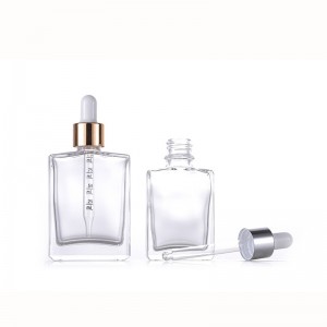 RB-R-00214 paketim kozmetik 30 ml 50 ml 100 ml shishe drejtkëndëshe transparente shishe qelqi boshe me pikatore për parfum serumi