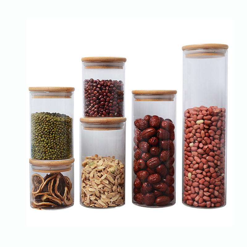 RB-B-00303M 6.5cm 8.5cm 10cm Wideth High Airtight Kitchen Food Storage Container Glass Spice Jar with Bamboo Lids