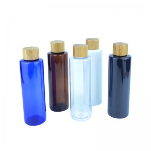 RB-B-00331A mavi amber beyaz şeffaf kozmetik ambalaj bambu vidalı kapaklı plastik losyon şişesi plastik toner şişesi