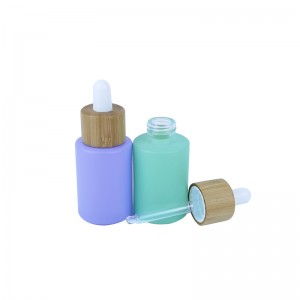 RB-B-00308A pacchetto cosmetico profumo olio essenziale flacone contagocce di bambù amaretto rosa blu verde viola bottiglia di siero viso in vetro 30ml