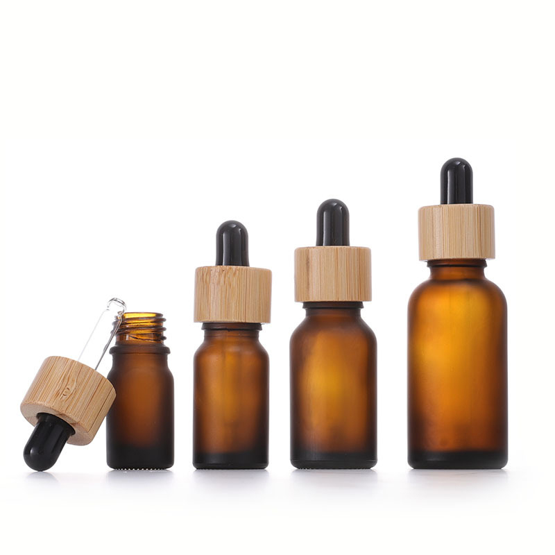 RB-B-00297 skin care essential oil serum bottle 30ml frosted brown glass dropper bottle na may bamboo dropper cap