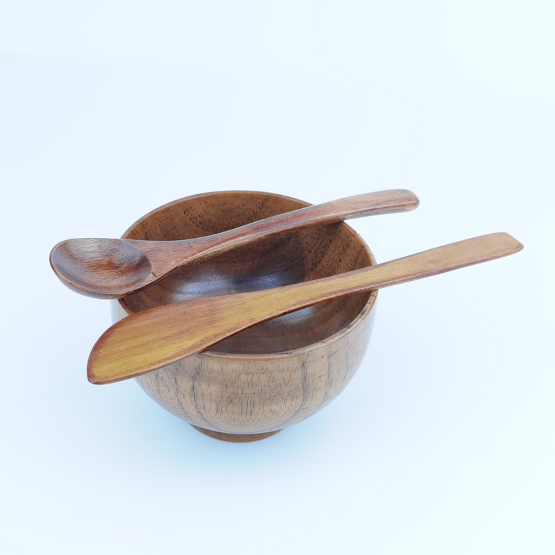 RB-B-00304A small food grade 9.5cm 10cm nature cosmetics facial mask mixing wood bowl with spatula, spoon